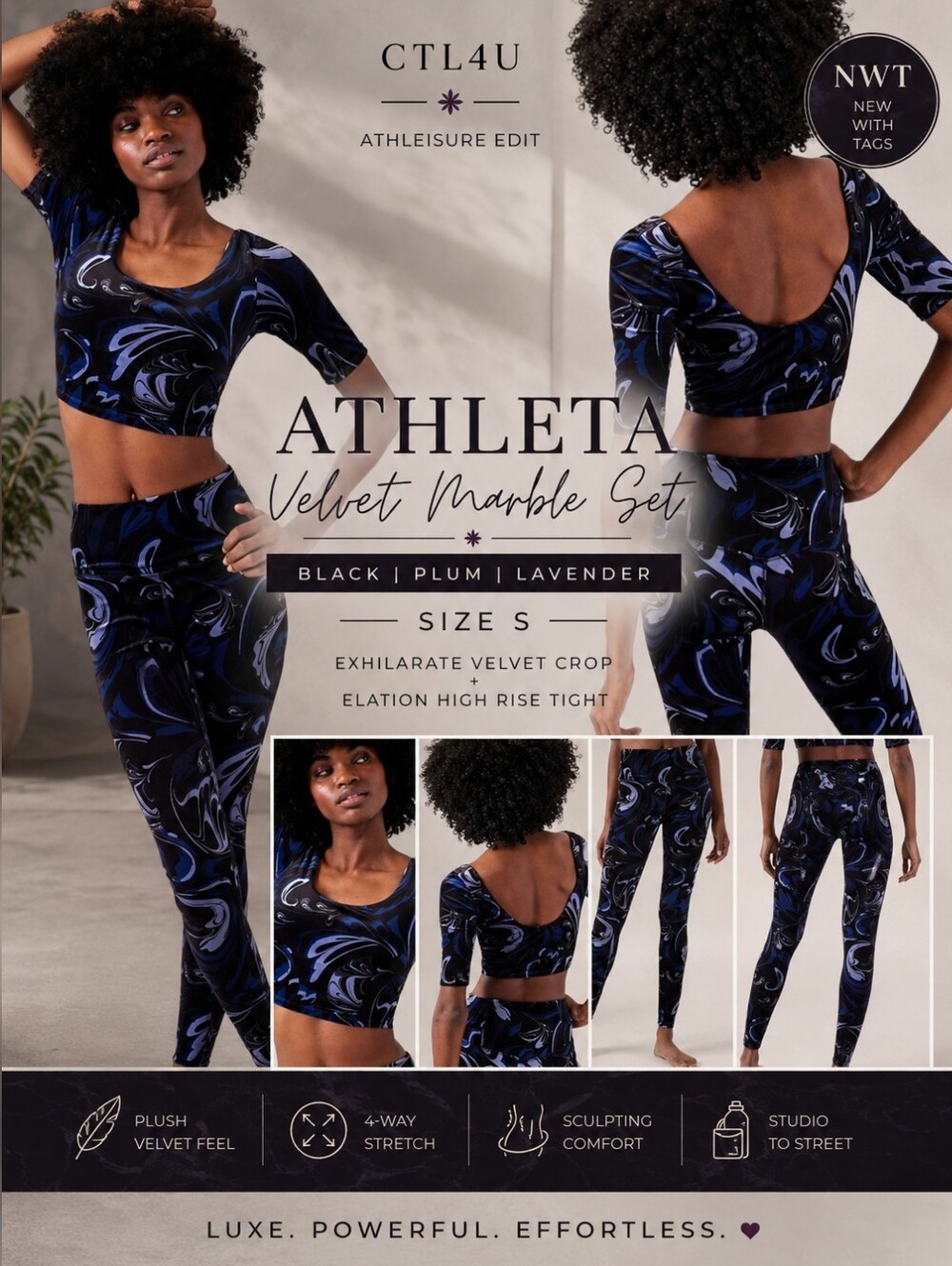 NWT Athleta Velvet Marble Set S Exhilarate Crop Elation Tight Yoga